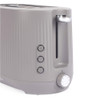 Grey two-slice toaster with ridged sides, control buttons, and browning dial