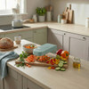 Green vegetable chopper on kitchen counter with chopped vegetables and salad prep.