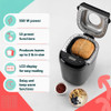 Black bread maker with loaf and feature highlights including 550W power and 15 presets