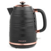 Black electric kettle with rose gold accents, side view