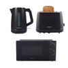 Black kettle, two-slice toaster with bread, and microwave oven kitchen set
