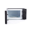 Black microwave oven with open door, showing empty interior and control dials