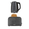 Leopard print kettle and toaster set, grey, with toast in toaster.