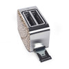 Two-slot stainless steel toaster with beige leopard print sides and open crumb tray