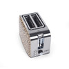 2-slice stainless steel toaster with leopard print sides, shown from angled top view