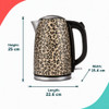 Beige leopard print kettle with dimensions: 25 cm high, 22.6 cm long, 15.4 cm wide