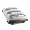 Stainless steel buffet server with three warming trays and glass lids, shown with hot plate.