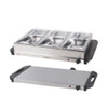 Stainless steel buffet server with three warming trays and glass lids, shown with hot plate.