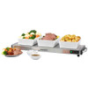 Electric warming tray with three dishes of roast beef, potatoes, and vegetables.