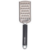 Stainless steel flat grater with black handle, shown on a white background