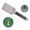Stainless steel hand grater with black handle, Progress brand, includes ‘Buy me & plant a tree’ eco badge.