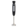 Black and silver handheld stick blender with stainless steel shaft, upright view
