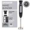 Hand blender close-up showing black and silver handle with control and turbo buttons