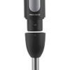 Silver and black hand blender showing steel blade and handle with control buttons