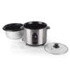 Stainless steel rice cooker with inner pot, glass lid, measuring cup and rice paddle