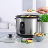 Silver electric rice cooker with cooked vegetable rice, bowl and serving spoon