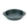 Green non-stick round cake tin with textured base, shown angled on white background