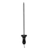 Stainless steel temperature probe with black handle, straight on white background