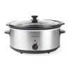 Silver electric slow cooker with black lid and dial, shown from the front.