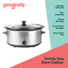 6.5 litre oval slow cooker with stainless steel finish, filled with stew, on countertop