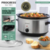 Progress stainless steel slow cooker with beef stew, bread and anniversary badge