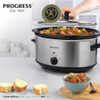Banner featuring Progress slow cooker and dishes; highlights soups, stews, casseroles, and curries.