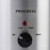 Close-up of Progress slow cooker control dial on stainless steel, showing settings.