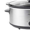 Stainless steel slow cooker with black handles, shown from the side.