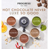 Banner: Progress hot chocolate featuring orange, hazelnut, chilli, almond and matcha flavours