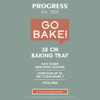 Promo graphic for 38 cm baking tray with non-stick coating, oven safe to 220°C, 5 year guarantee.