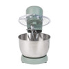 Teal stand mixer with dough hook and stainless steel bowl on kitchen counter