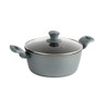 Grey cooking pot with glass lid and side handles, shown on white background