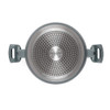 Grey side handle and rim of non-stick saucepan, close-up
