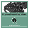 Open sandwich maker with XL non-stick plates and automatic temperature control graphic