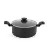 Black non-stick casserole pan with two handles and glass lid