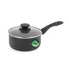 Grey saucepan with glass lid and long handle, PFAS free badge on side