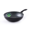 Grey non-stick wok with speckled finish and PFAS free label, angled side view