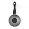 Grey non-stick saucepan with glass lid, top view, black handle