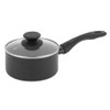 Black non-stick saucepan with glass lid and long handle, side view