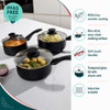 Three black saucepans with glass lids, PFAS-free non-stick ceramic coating