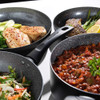 Grey non-stick frying pan with black handle, shown from above