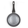 Grey non-stick frying pan with speckled interior and black handle, top view