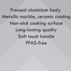 Product feature banner: pressed aluminium, marble ceramic coating, PFAS-free, non-stick, soft touch handle