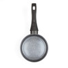 Grey non-stick frying pan with black handle, shown from above.