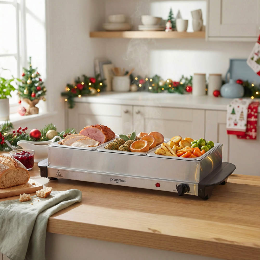 Portable Three Pan Food Warmer Buffet Server, 3 x 1.5 Litre Pans, 200 W -  Progress Cookshop