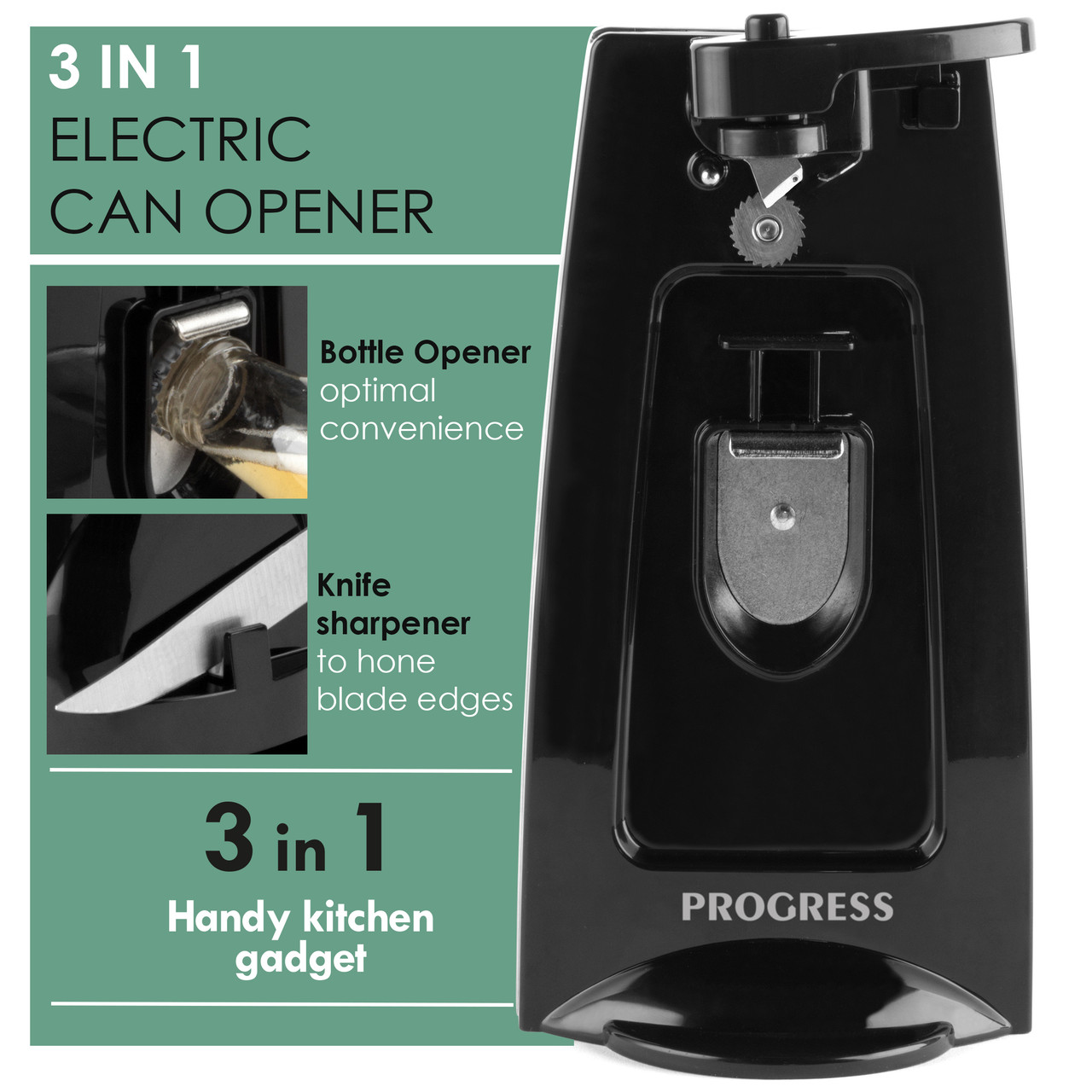 Electric Can Opener, Reemix Automatic Can Opener with Knife Sharpener and  Bottle Opener 3 in 1, Easy Push Down Lever (White)