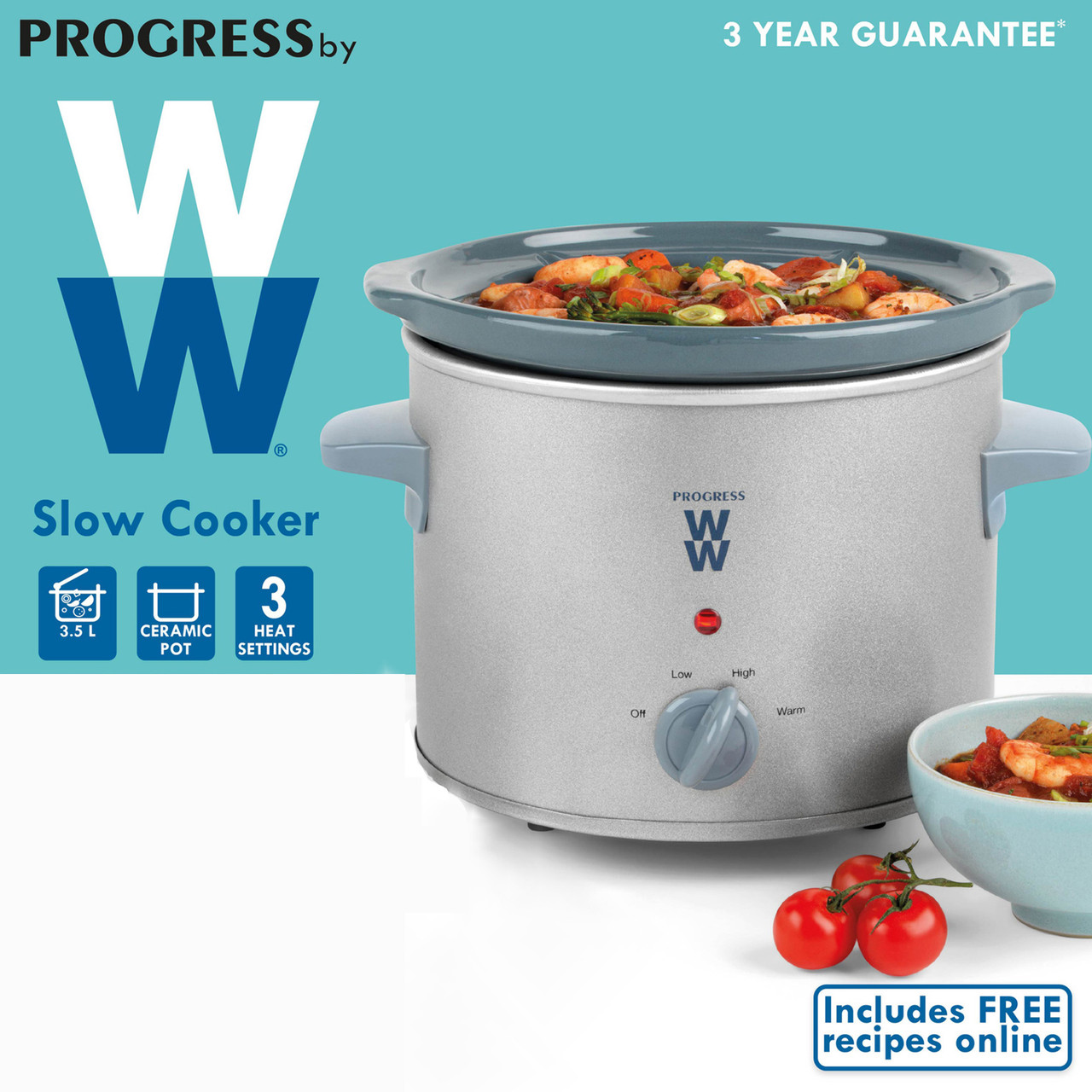 WW 3.5 L Slow Cooker with 3 Heat Settings, Power Lights