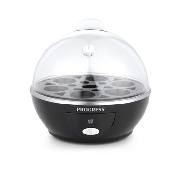 Black electric egg cooker with transparent lid, countertop product photo.