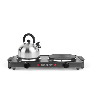 Stainless steel kettle on black double hot plate hob, front view, white background.