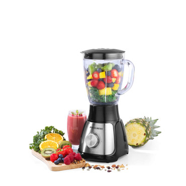 Progress blender with glass jug filled with assorted fruit, fresh smoothie and ingredients displayed.